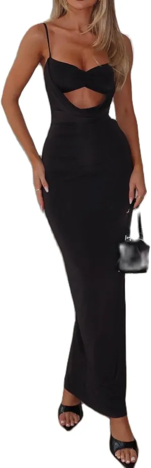 NUFIWI Women Sexy Cutout Long Dress Spaghetti Strap Ruched Bodycon Maxi Dress Backless Hollow Cocktail Dresses