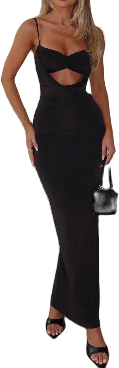 NUFIWI Women Sexy Cutout Long Dress Spaghetti Strap Ruched Bodycon Maxi Dress Backless Hollow Cocktail Dresses
