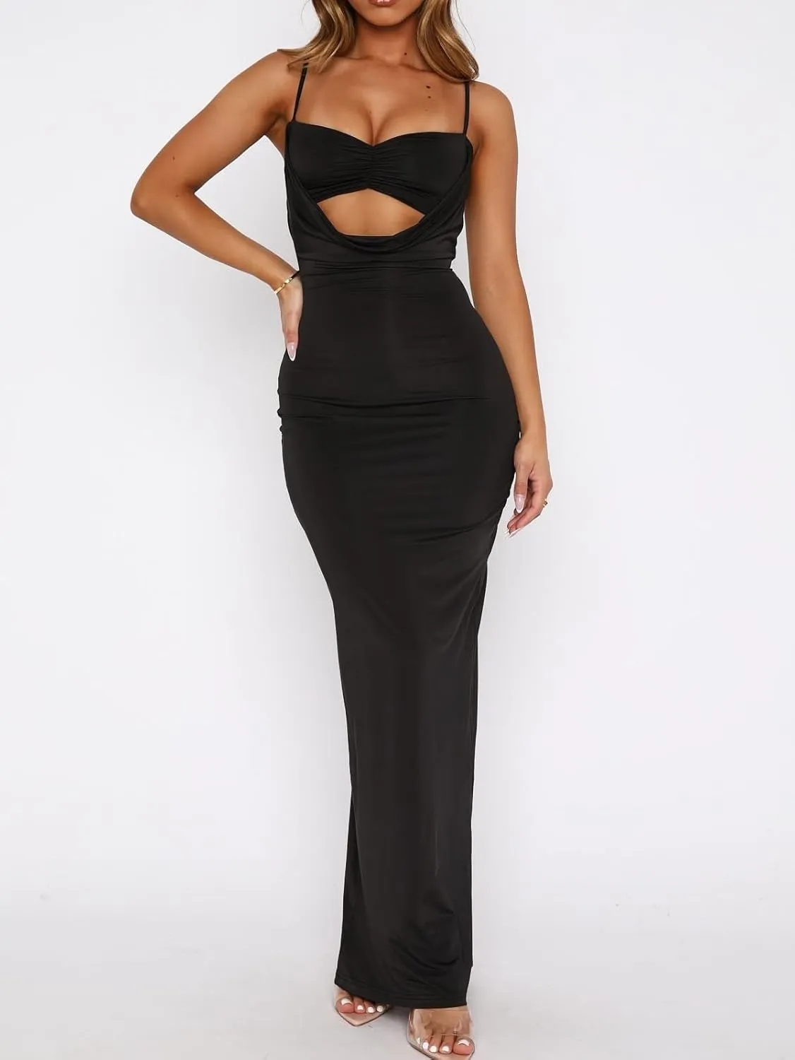 NUFIWI Women Sexy Cutout Long Dress Spaghetti Strap Ruched Bodycon Maxi Dress Backless Hollow Cocktail Dresses