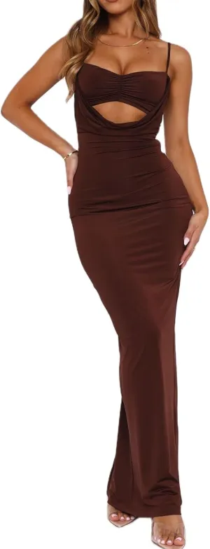 NUFIWI Women Sexy Cutout Long Dress Spaghetti Strap Ruched Bodycon Maxi Dress Backless Hollow Cocktail Dresses