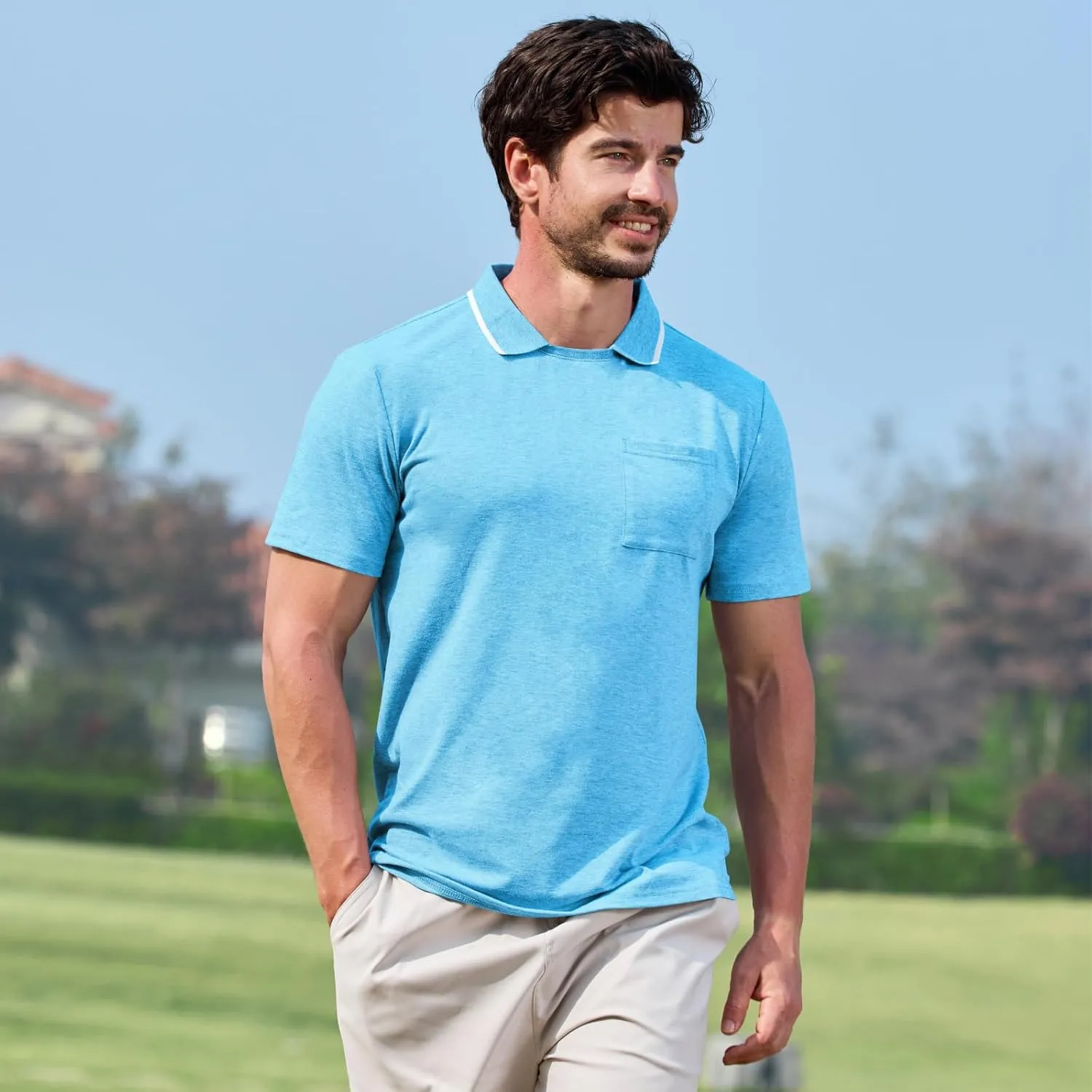 Opomelo Men's Casual Polo Shirts Fashion Slim Fit Polo Shirt Short Sleeve Flat Collar Golf Shirt with Pocket