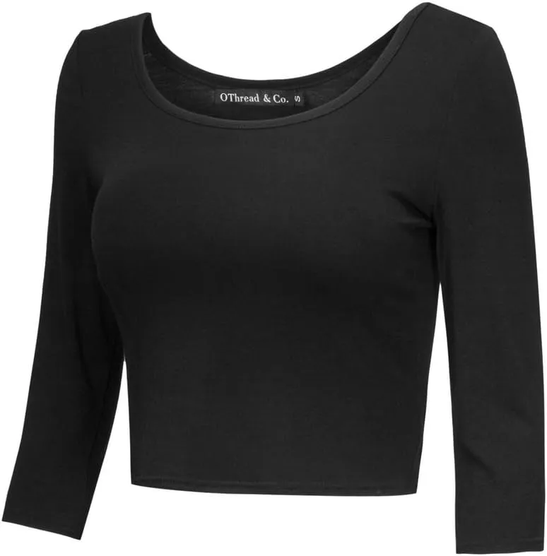 OThread & Co. Women's Crop Tops Basic Stretchy Scoop Neck 3/4 Sleeve T-Shirt