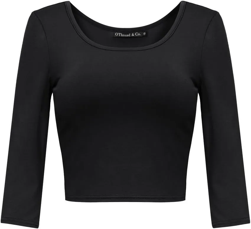 OThread & Co. Women's Crop Tops Basic Stretchy Scoop Neck 3/4 Sleeve T-Shirt