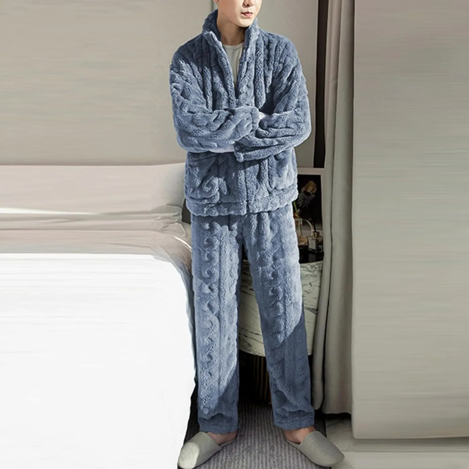Pajama Sets Fuzzy Cozy Plush Zip Up Jacket with Pockets Matching Pajamas for Couples Warm Pj Set Winter Loungewear