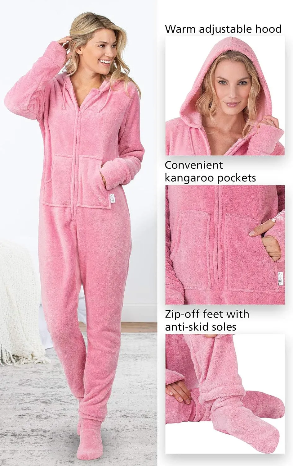 PajamaGram Womens Onesie - Adult Footie Pajamas, Hoodie Footie, Zip Front