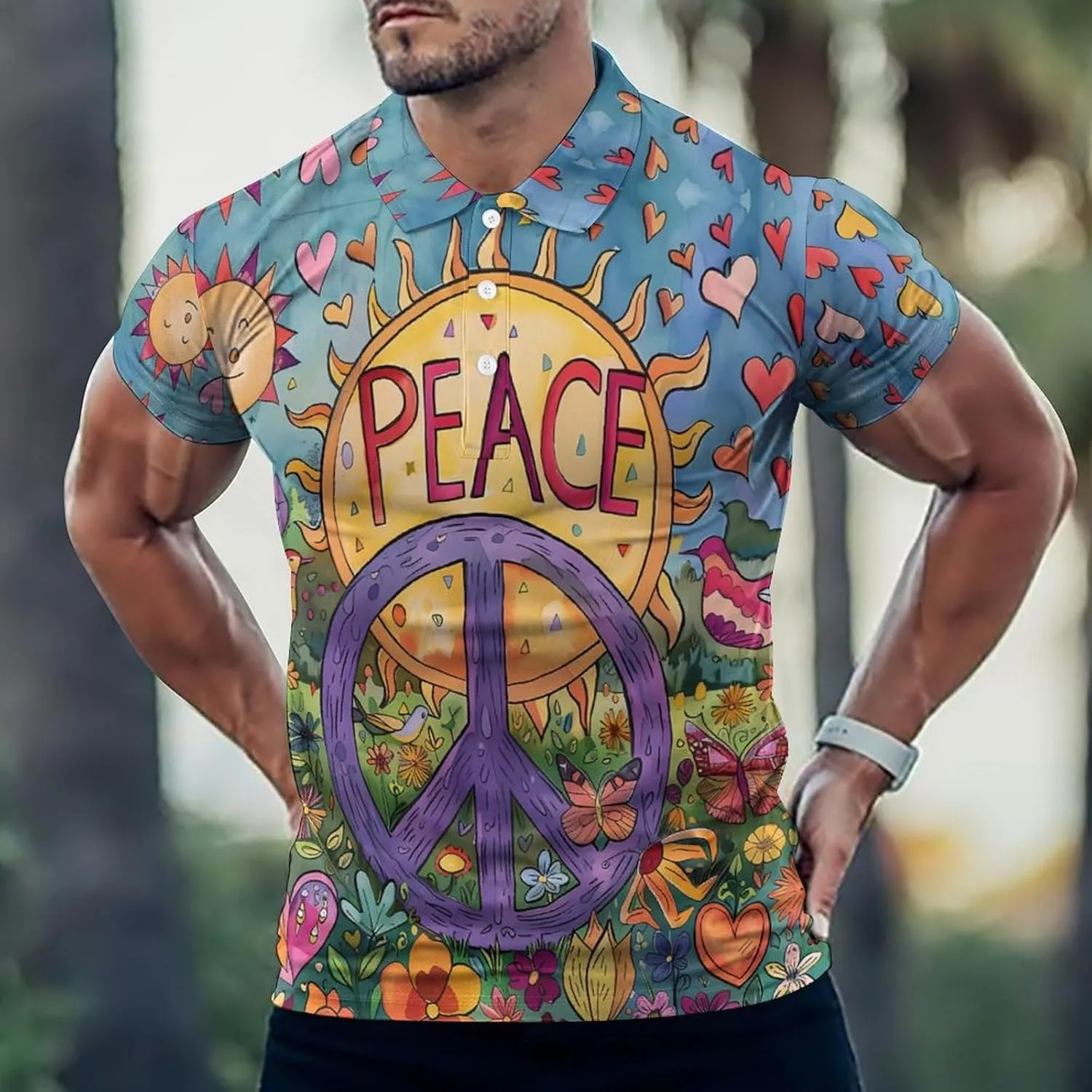 Peace Summer Garden Mens Polo Shirts Quick Dry Short Sleeve Golf Slim Fit T Shirt
