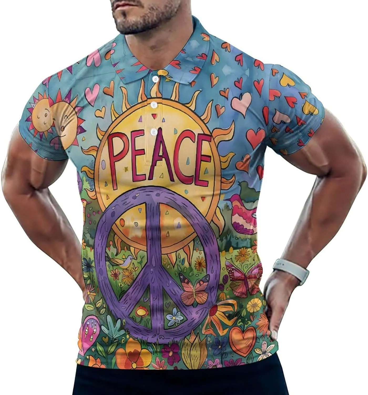 Peace Summer Garden Mens Polo Shirts Quick Dry Short Sleeve Golf Slim Fit T Shirt