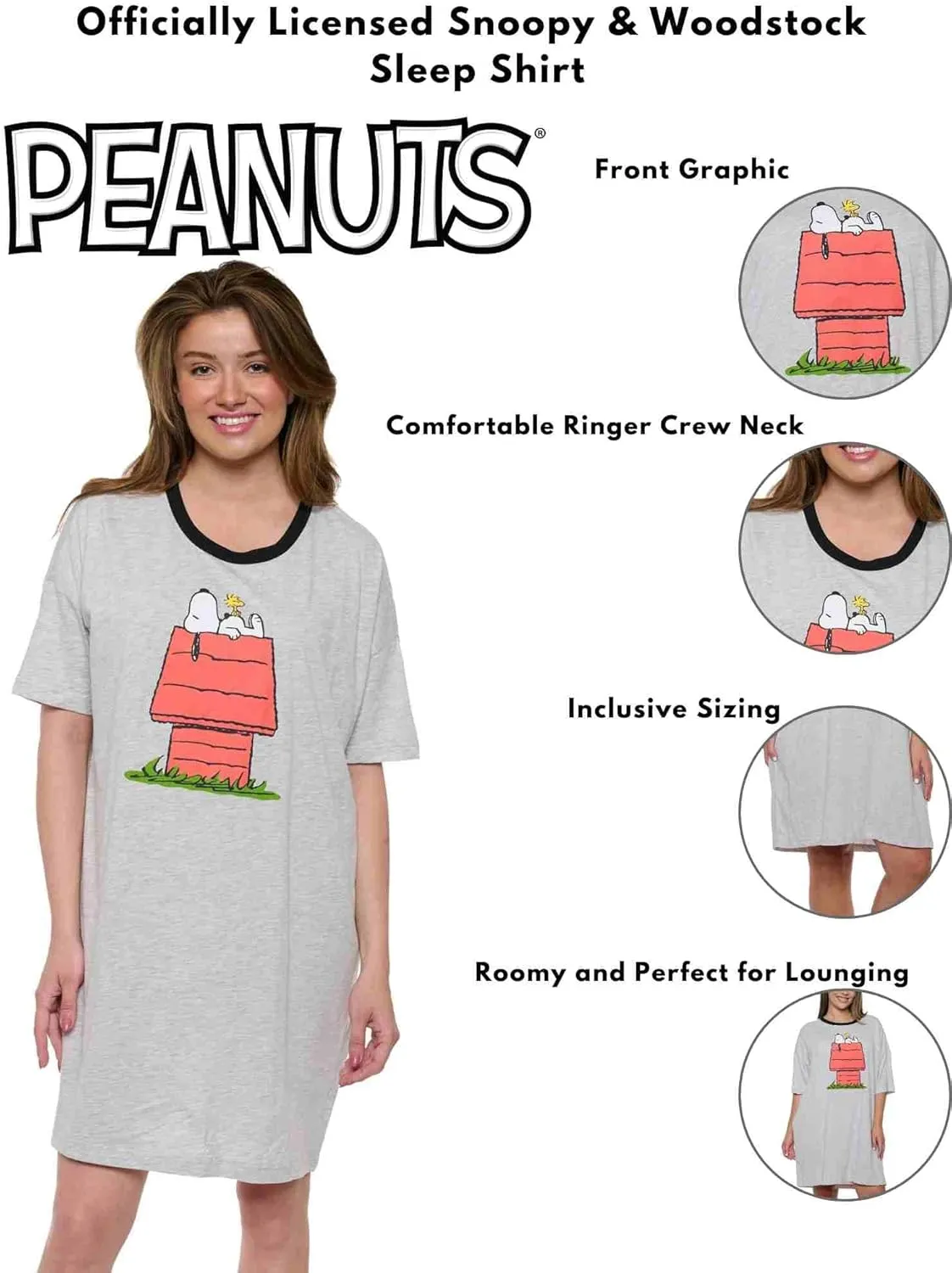 Peanuts Womens Sleepshirt Snoopy Woodstock Lucy One Size and Plus Size