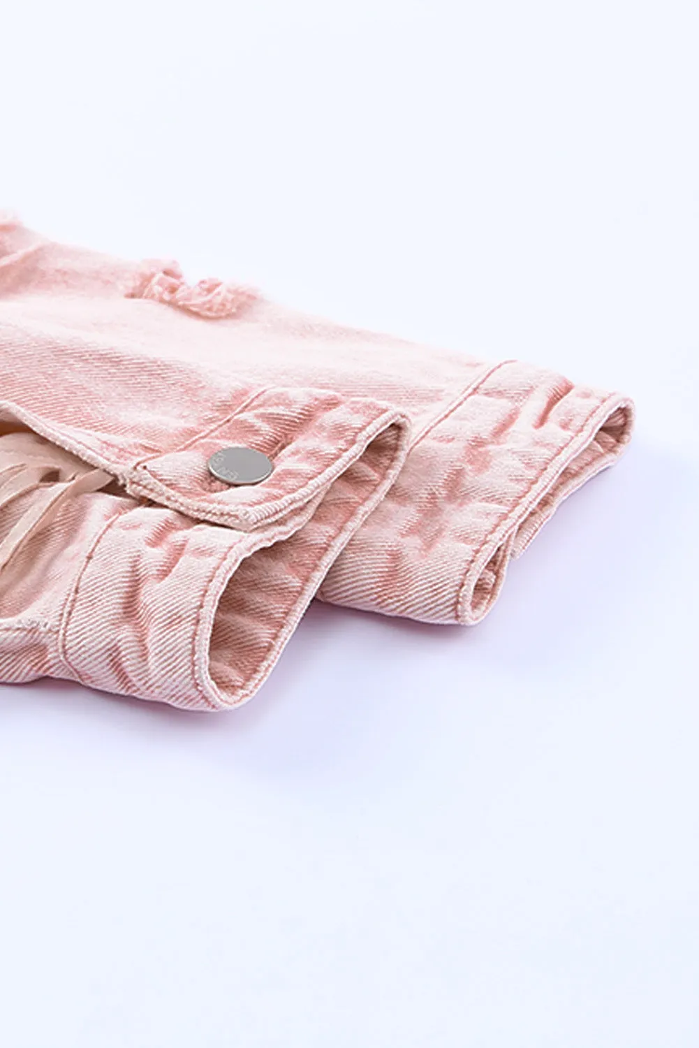 Pink Distressed Fringed Cropped Denim Jacket