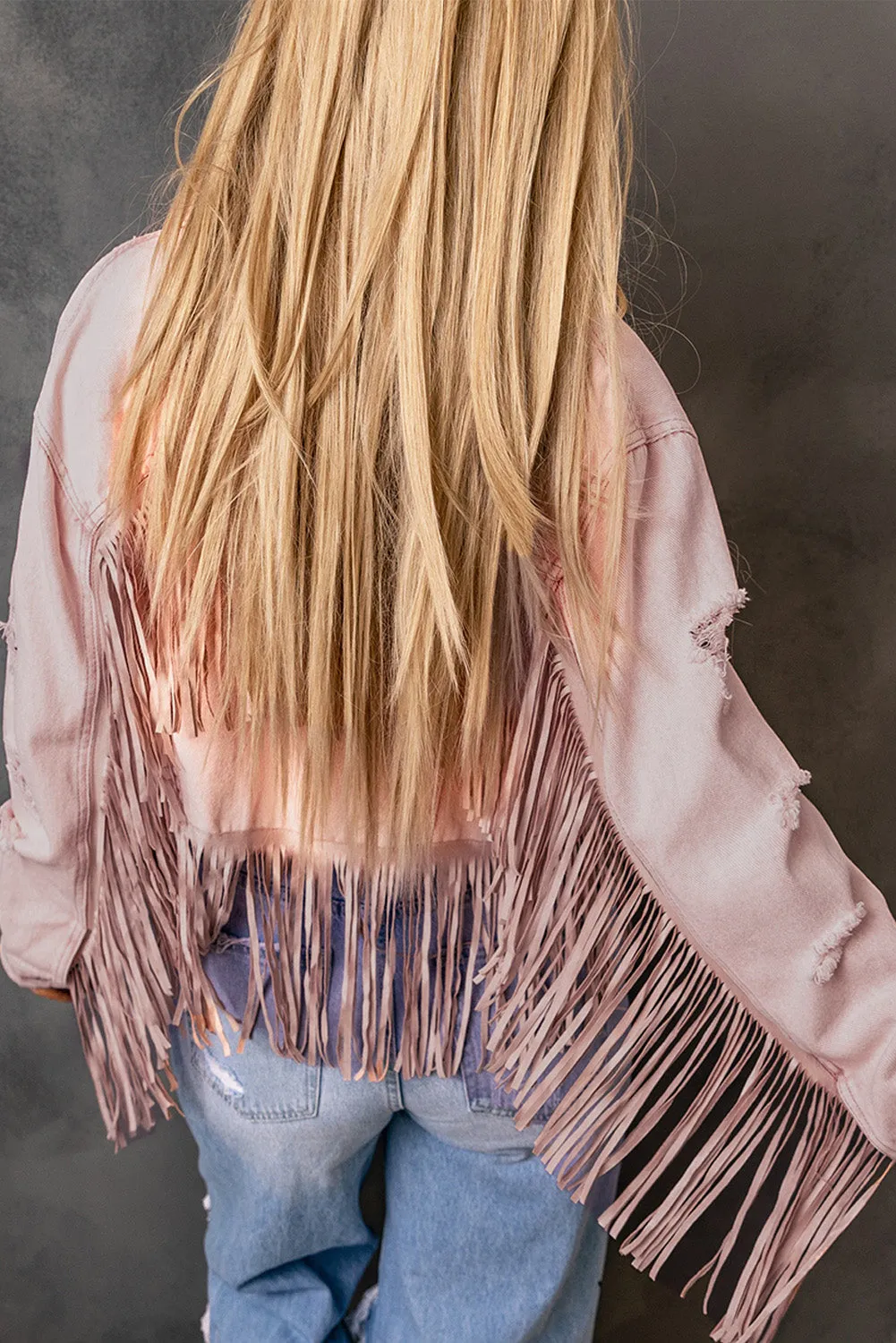 Pink Distressed Fringed Cropped Denim Jacket