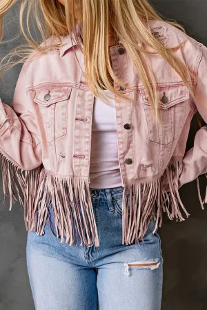 Pink Distressed Fringed Cropped Denim Jacket