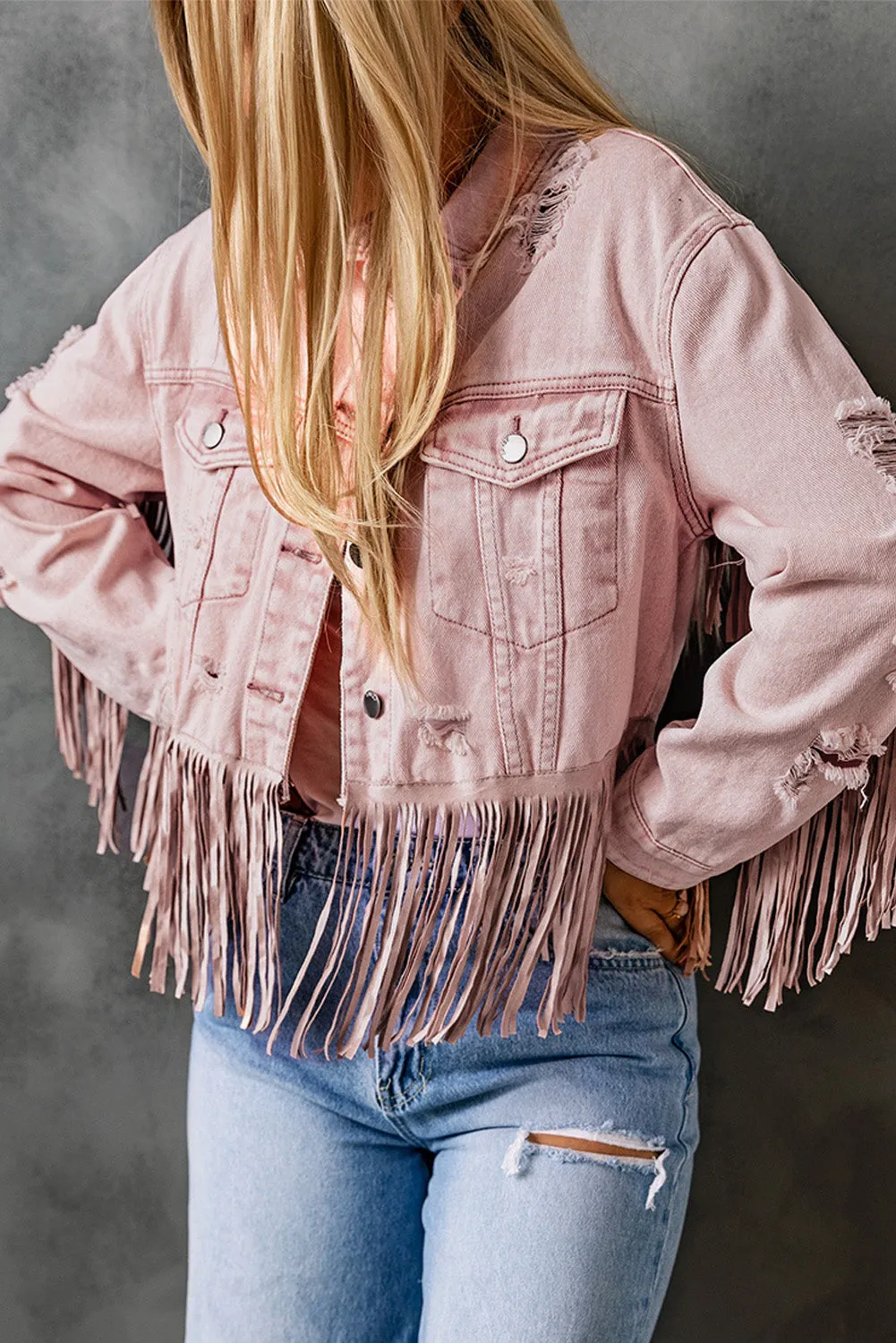 Pink Distressed Fringed Cropped Denim Jacket