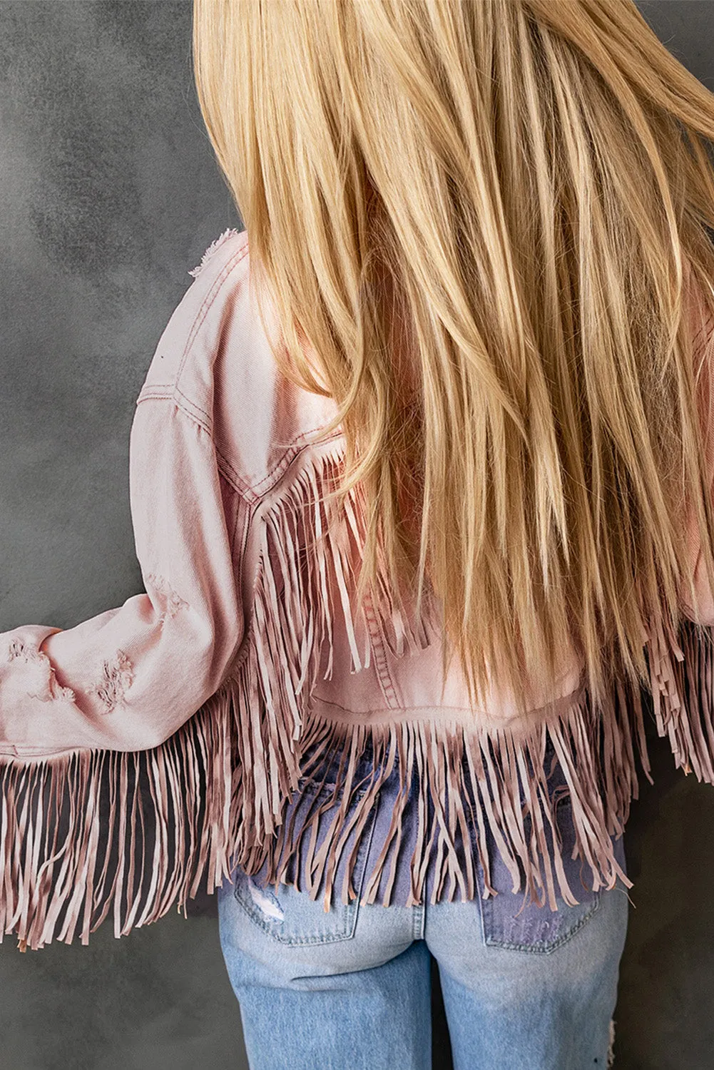 Pink Distressed Fringed Cropped Denim Jacket