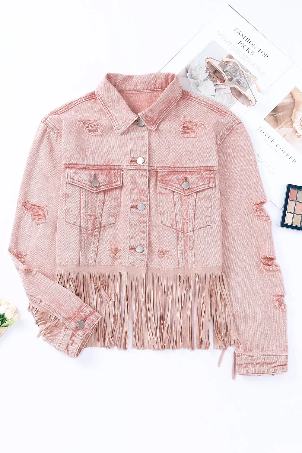Pink Distressed Fringed Cropped Denim Jacket