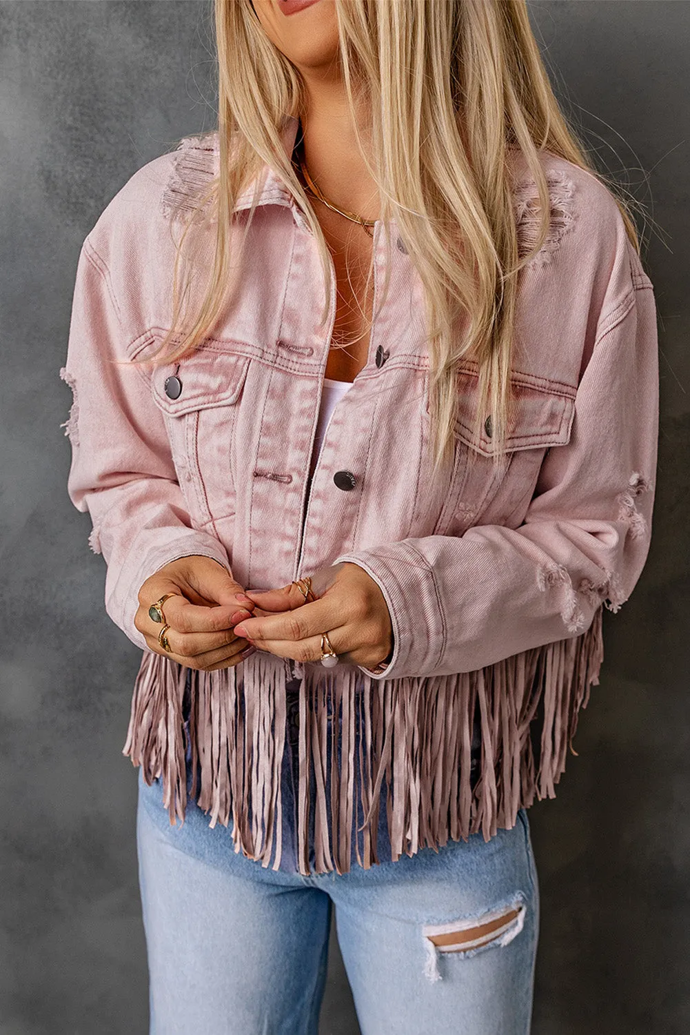 Pink Distressed Fringed Cropped Denim Jacket