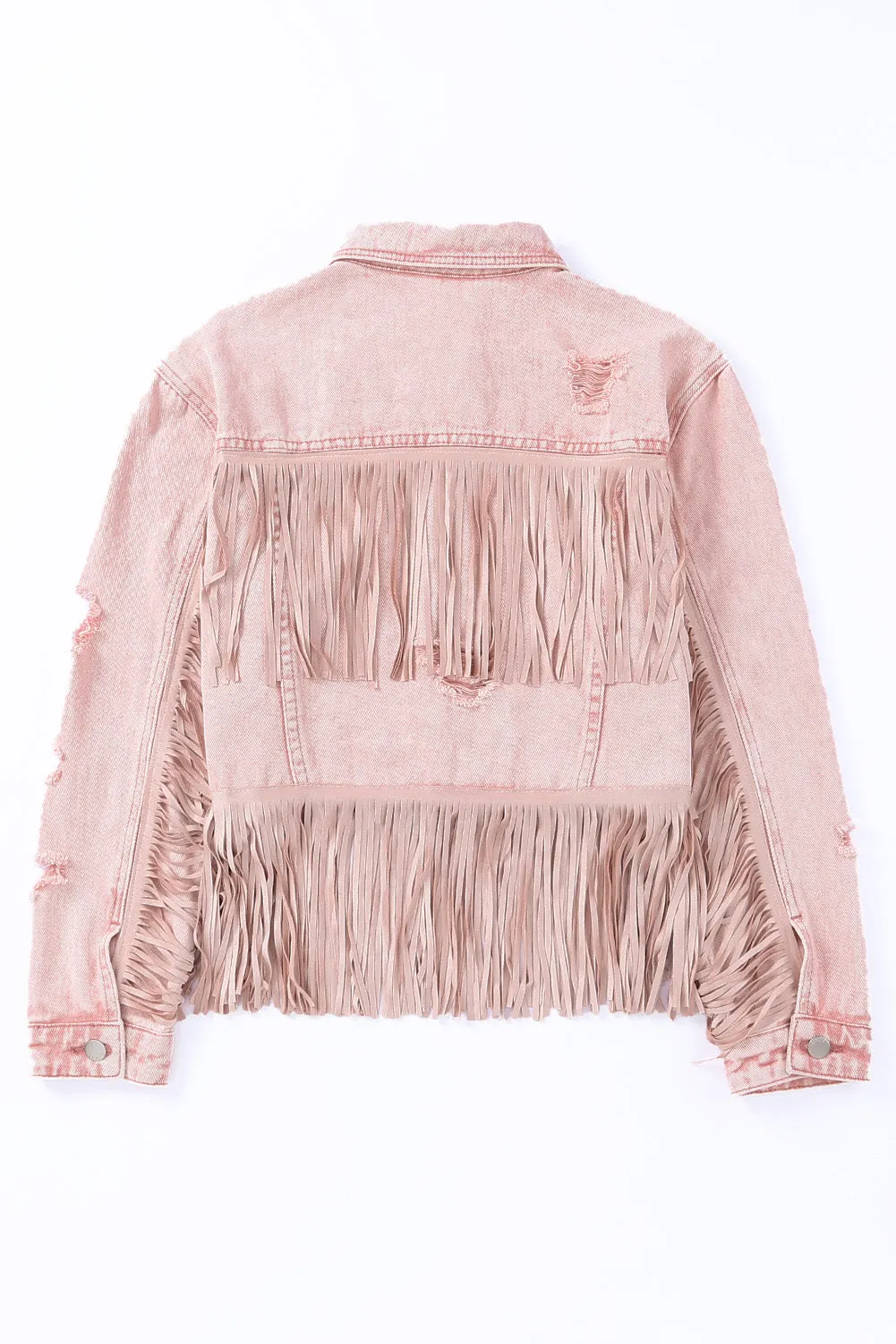 Pink Distressed Fringed Cropped Denim Jacket