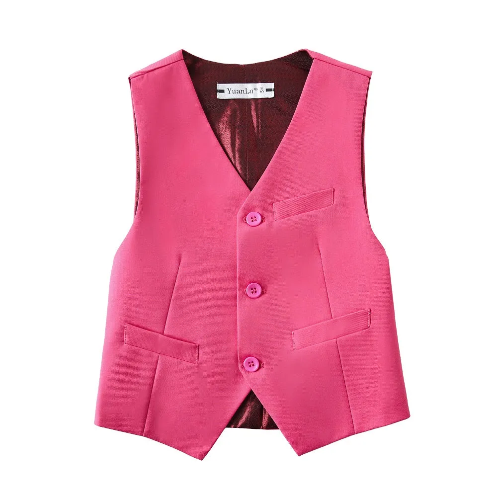Pink Kid Boys Custom Fit Slim 4 Piece Boy's Formal Suits With Vest Pants Shirt Tie