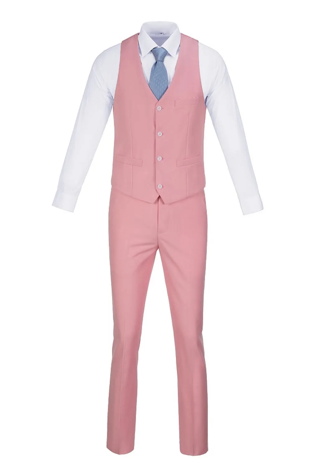 Pink Men's Suits 2 Pieces Vest Pants Set V-Neck Slim Fit Casual Waistcoat Suit