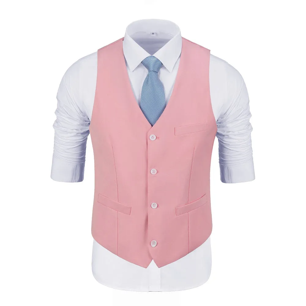 Pink Men's Suits 2 Pieces Vest Pants Set V-Neck Slim Fit Casual Waistcoat Suit