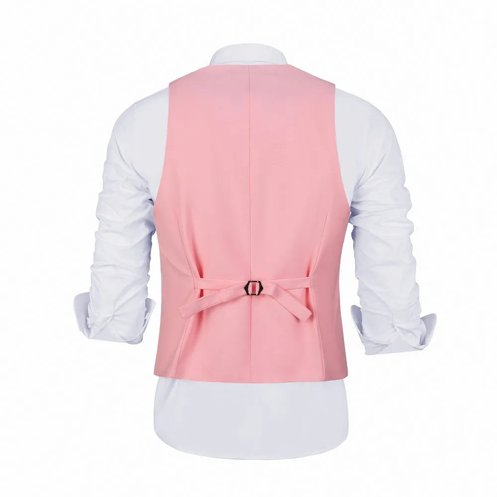 Pink Men's Suits 2 Pieces Vest Pants Set V-Neck Slim Fit Casual Waistcoat Suit