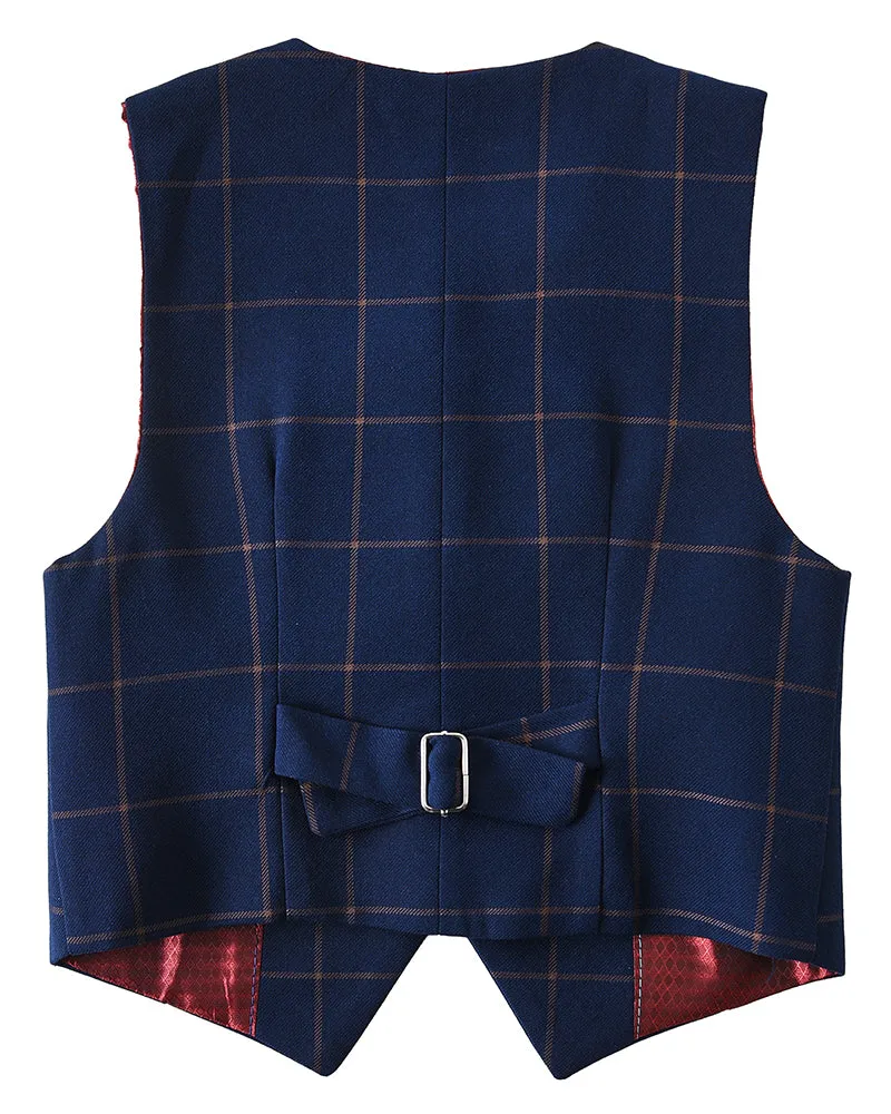 Plaid Blue 4 Piece Boys' Formal Suit Set with Vest Pants Dress Shirt and Tie BS44