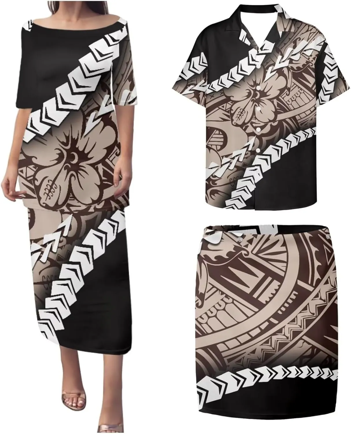 Plus Size Couple Outfit Sets Polynesian Tapa Puletasi Samoan Women Dress and Men Shirts Lavalava Couple Sets