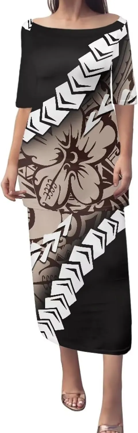 Plus Size Couple Outfit Sets Polynesian Tapa Puletasi Samoan Women Dress and Men Shirts Lavalava Couple Sets
