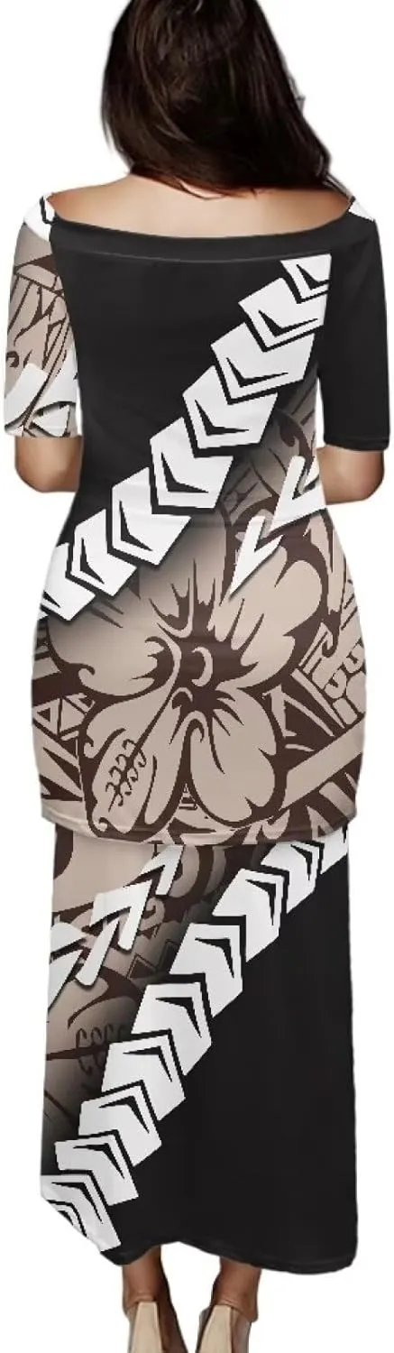 Plus Size Couple Outfit Sets Polynesian Tapa Puletasi Samoan Women Dress and Men Shirts Lavalava Couple Sets