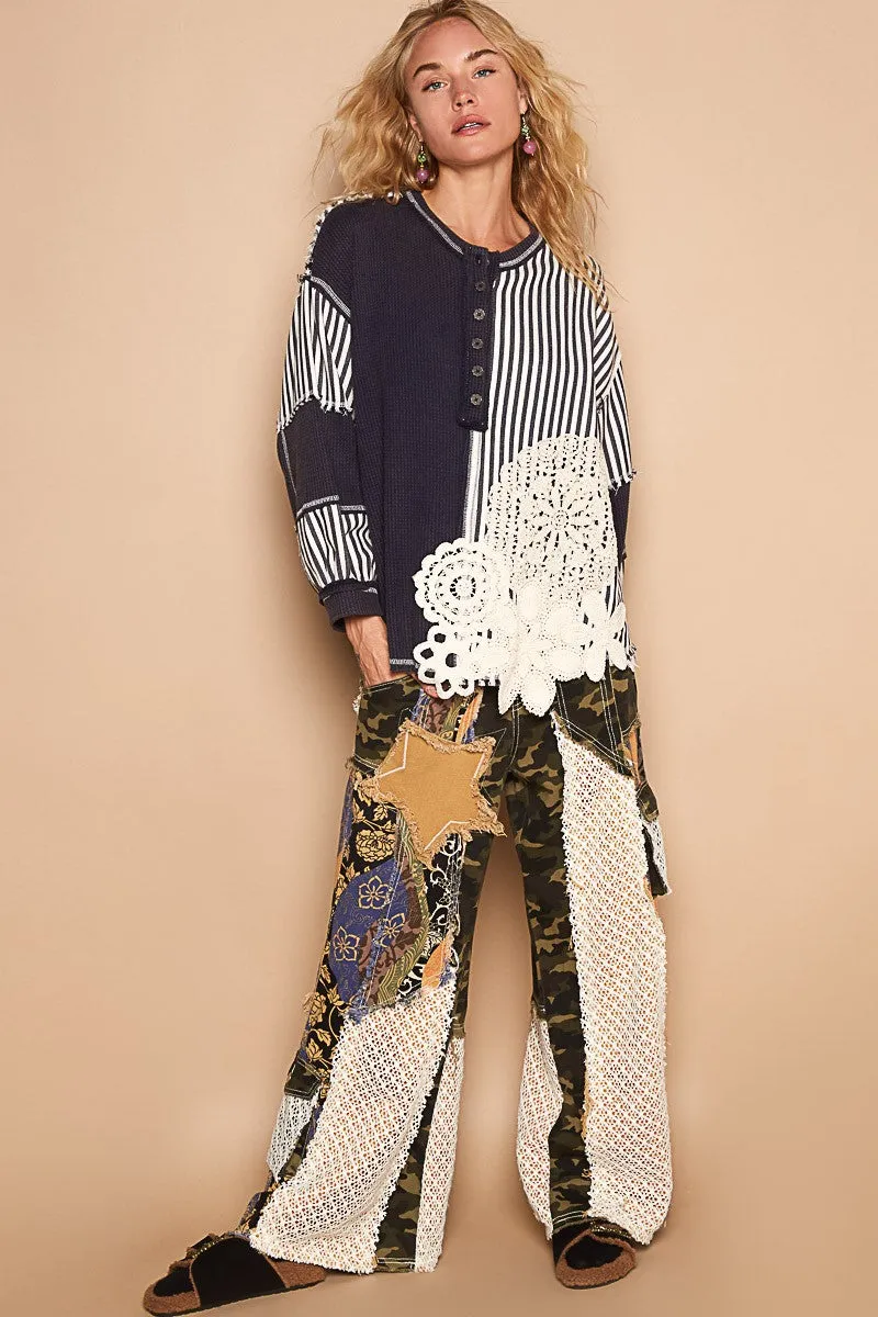 POL OVERSIZED Thermal and Woven Knit Top with Crochet Patch Details in Indigo