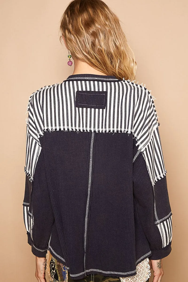 POL OVERSIZED Thermal and Woven Knit Top with Crochet Patch Details in Indigo