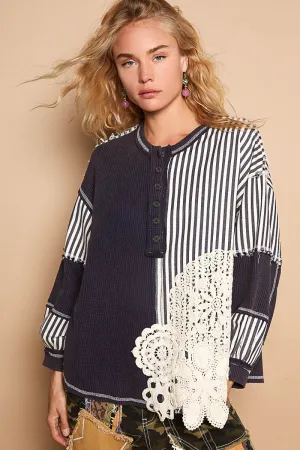 POL OVERSIZED Thermal and Woven Knit Top with Crochet Patch Details in Indigo