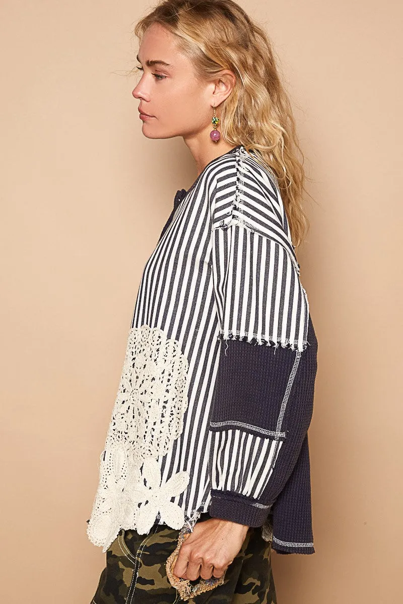 POL OVERSIZED Thermal and Woven Knit Top with Crochet Patch Details in Indigo