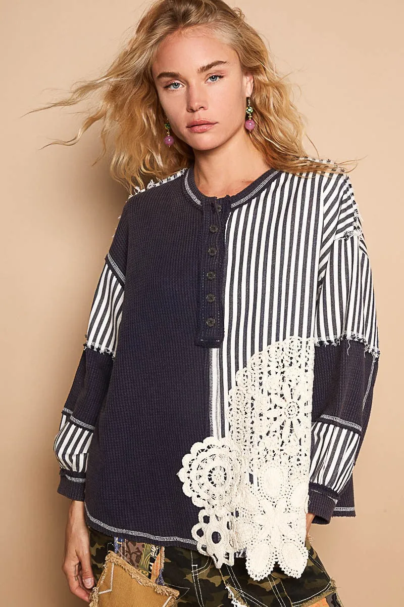 POL OVERSIZED Thermal and Woven Knit Top with Crochet Patch Details in Indigo