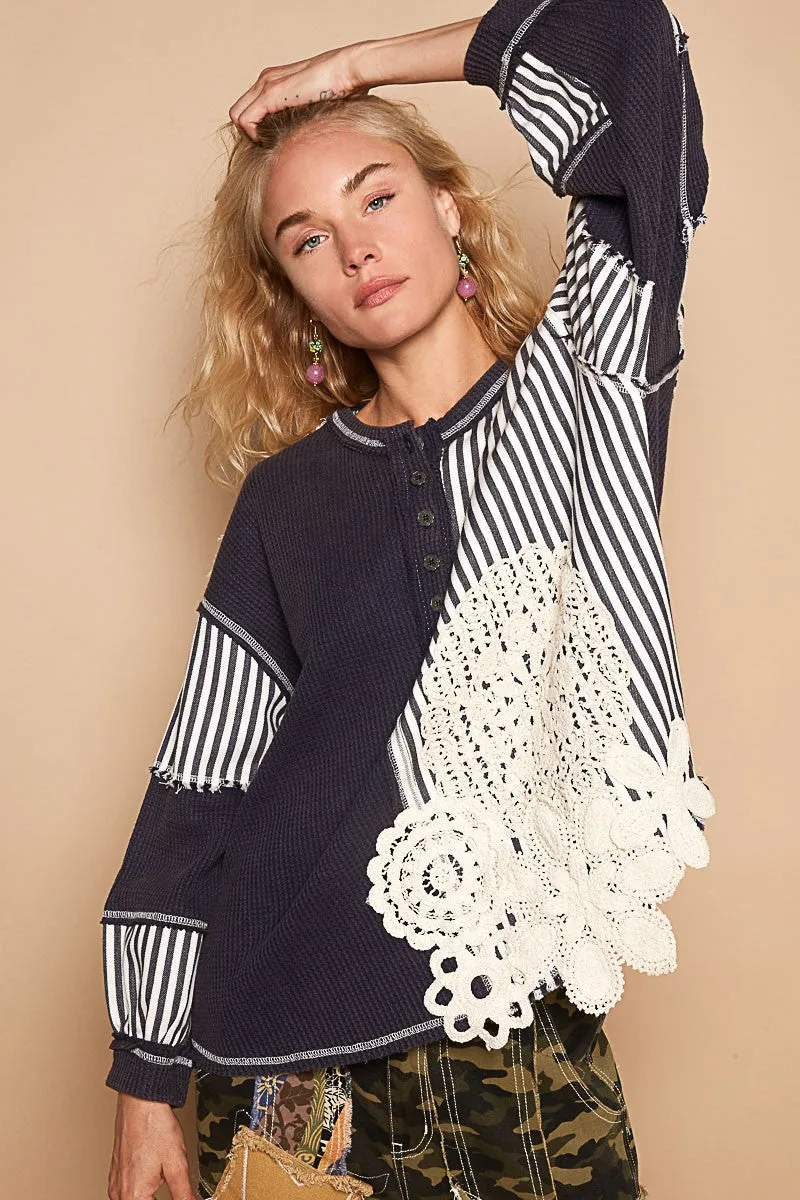 POL OVERSIZED Thermal and Woven Knit Top with Crochet Patch Details in Indigo