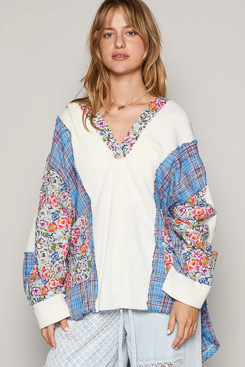POL Oversized Thermal Top with Floral and Plaid Print in Pool Blue Multi
