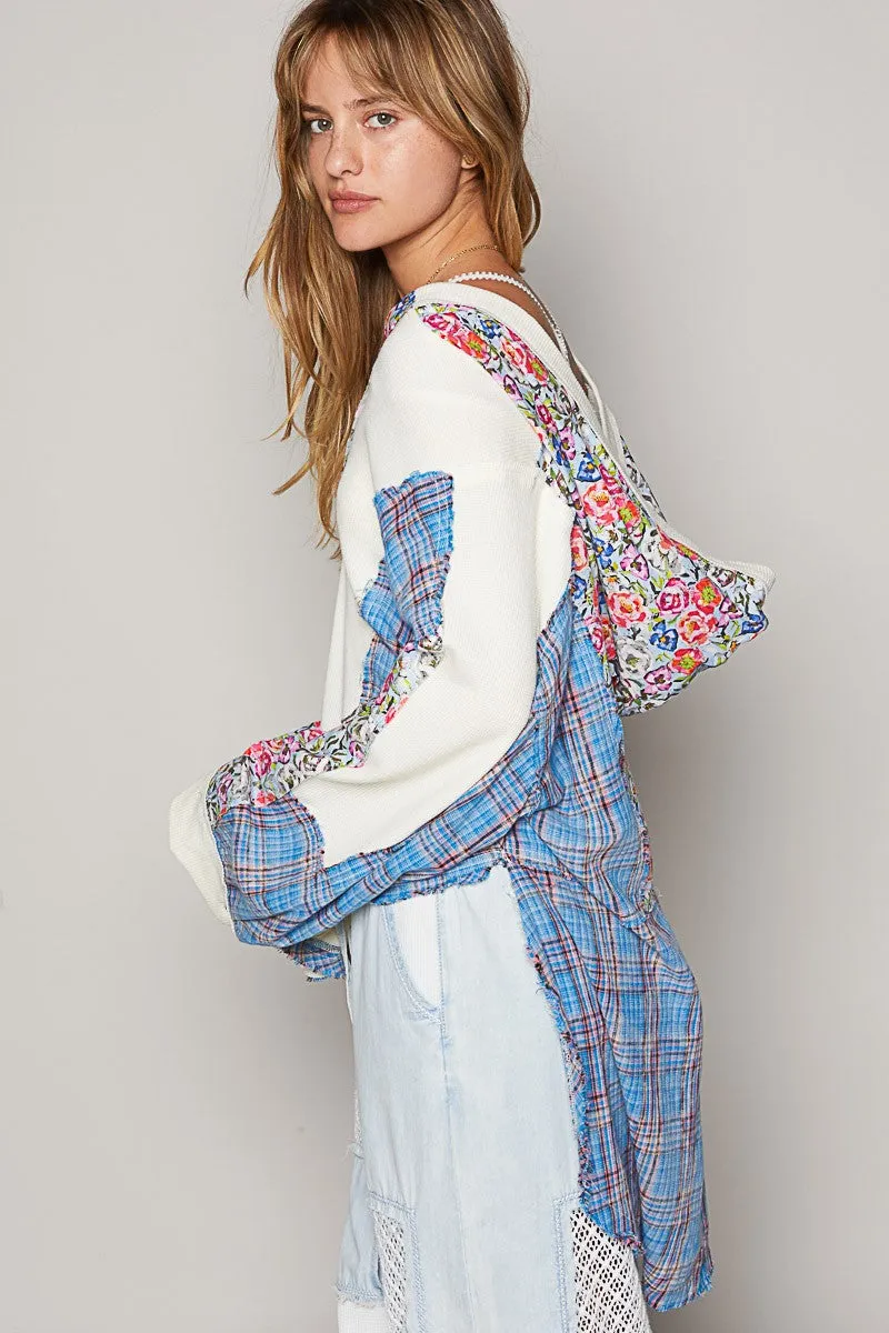 POL Oversized Thermal Top with Floral and Plaid Print in Pool Blue Multi