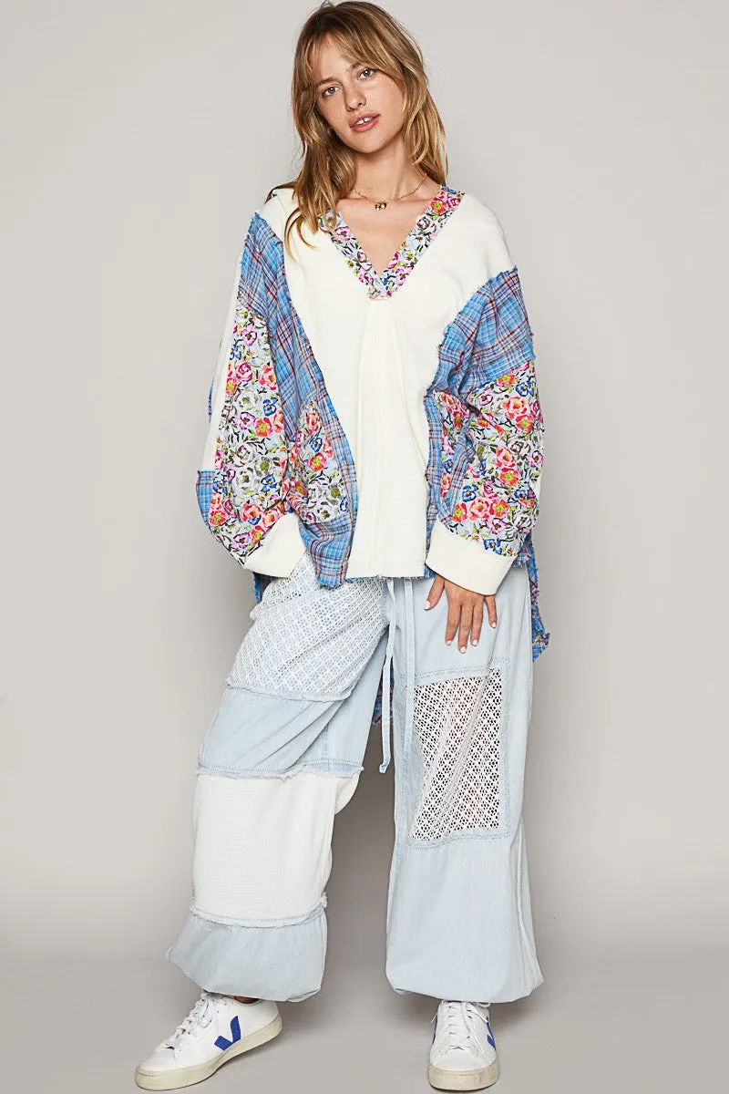 POL Oversized Thermal Top with Floral and Plaid Print in Pool Blue Multi