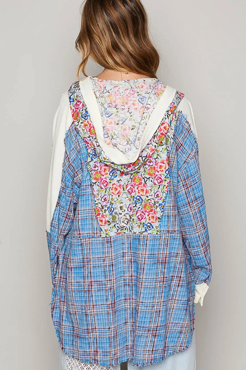 POL Oversized Thermal Top with Floral and Plaid Print in Pool Blue Multi