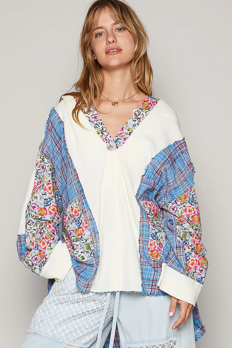 POL Oversized Thermal Top with Floral and Plaid Print in Pool Blue Multi