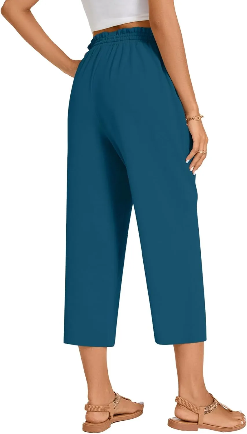 POPYOUNG Womens 3/4 Pants High Waisted Wide Leg Lounge Pants Drawstring Causal Palazzo Pants Trousers with Pockets