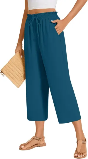 POPYOUNG Womens 3/4 Pants High Waisted Wide Leg Lounge Pants Drawstring Causal Palazzo Pants Trousers with Pockets