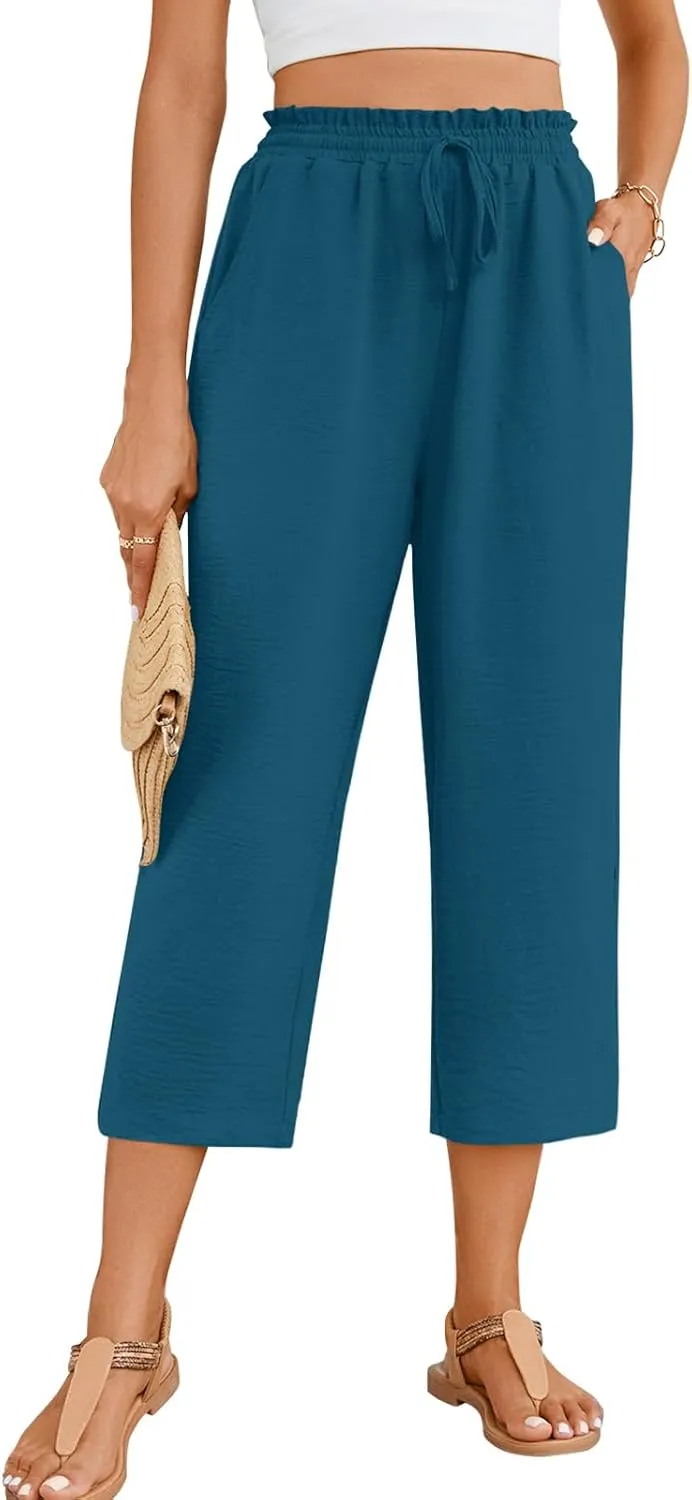 POPYOUNG Womens 3/4 Pants High Waisted Wide Leg Lounge Pants Drawstring Causal Palazzo Pants Trousers with Pockets