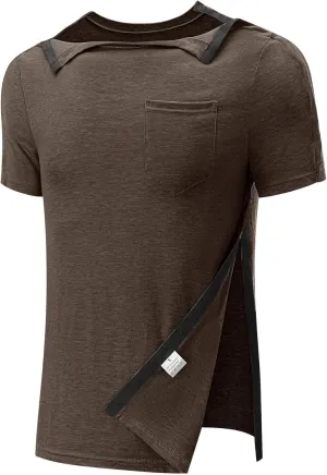 Poriff Men's Post Shoulder Surgery Recovery Shirts Full Tear Away Short Sleeve Snap Chemo Port Access Shirt