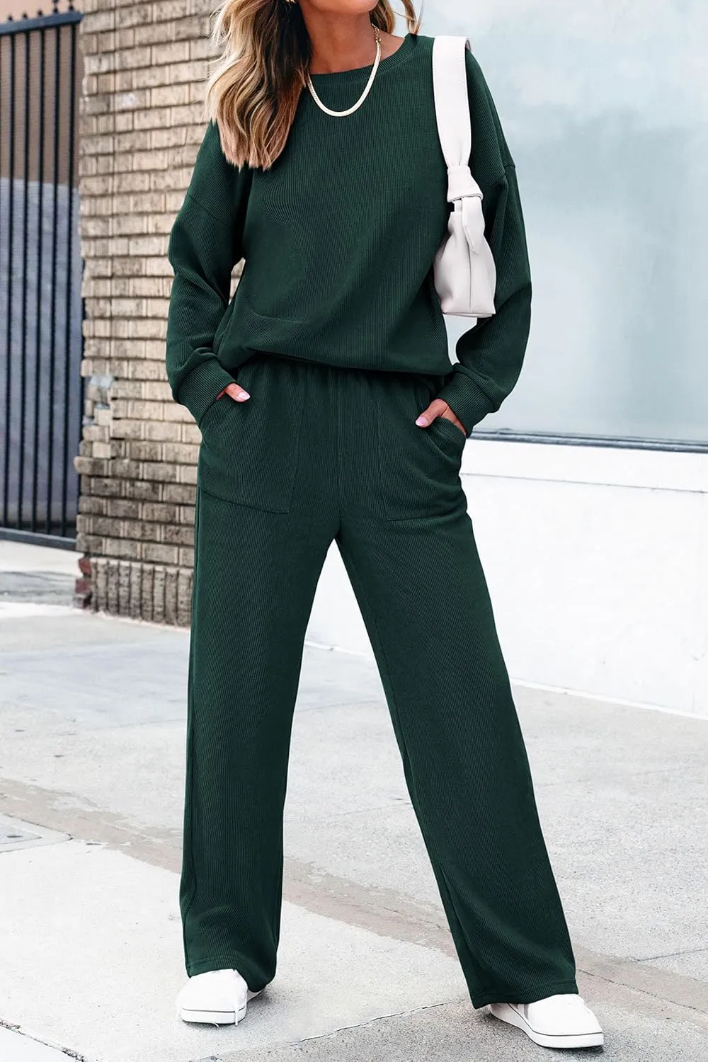 PRETTYGARDEN Women's 2 Piece Outfits 2024 Winter Fashion Tracksuits Long Sleeve Pullover Tops Straight Leg Pants Lounge Sets