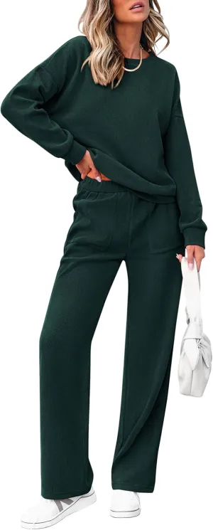 PRETTYGARDEN Women's 2 Piece Outfits 2024 Winter Fashion Tracksuits Long Sleeve Pullover Tops Straight Leg Pants Lounge Sets