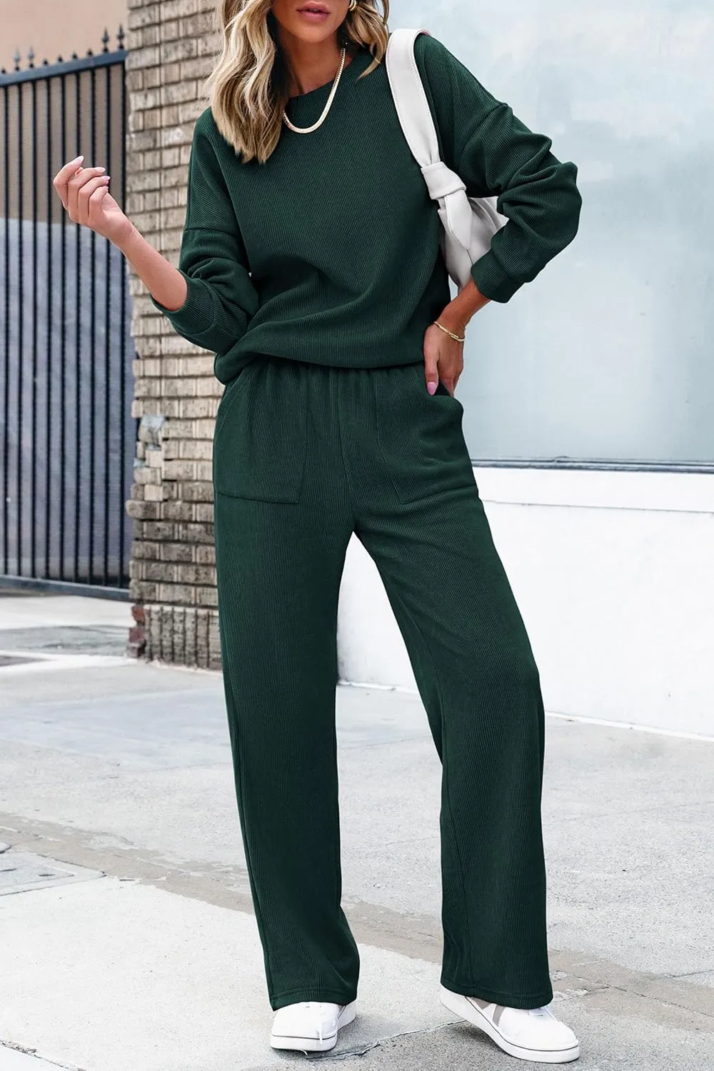 PRETTYGARDEN Women's 2 Piece Outfits 2024 Winter Fashion Tracksuits Long Sleeve Pullover Tops Straight Leg Pants Lounge Sets