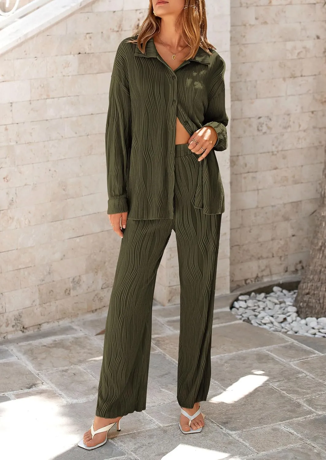 PRETTYGARDEN Women's 2 Piece Textured Sets Casual Button Down Shirt Wide Leg Pants Outfit Loungewear Tracksuit