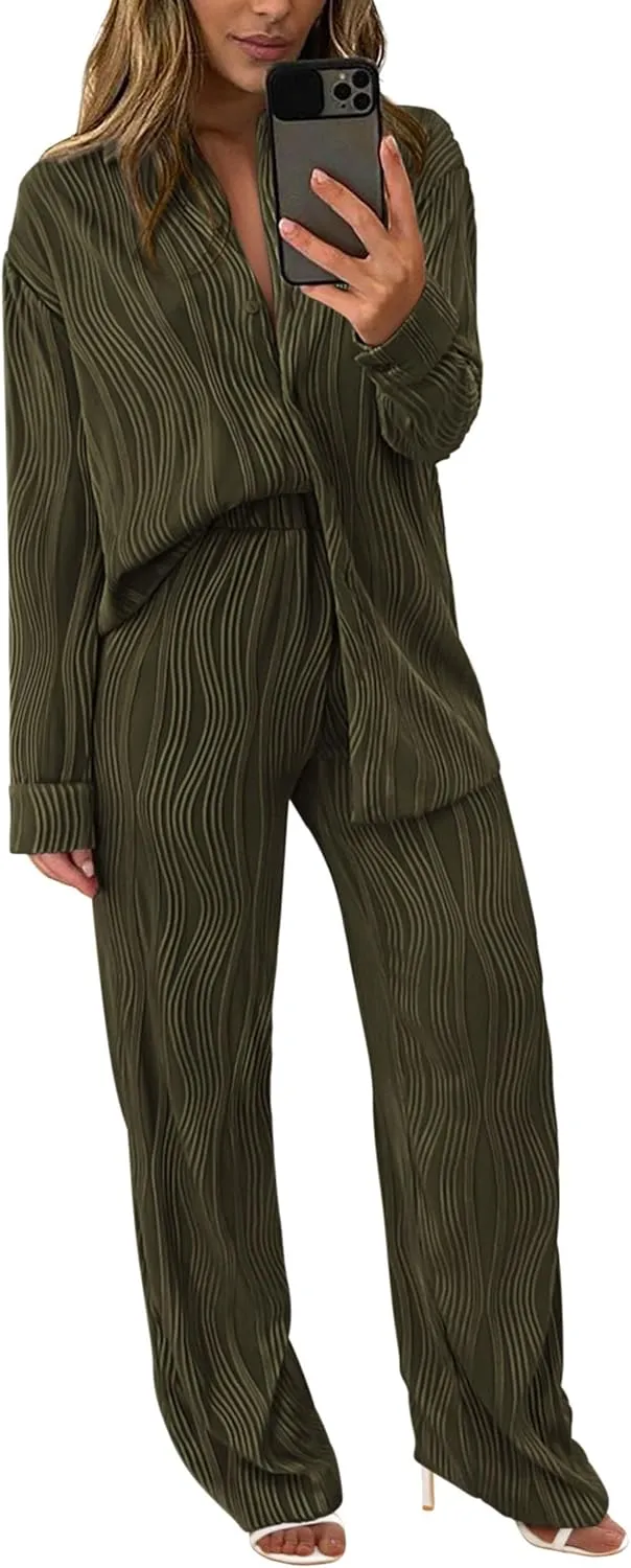 PRETTYGARDEN Women's 2 Piece Textured Sets Casual Button Down Shirt Wide Leg Pants Outfit Loungewear Tracksuit
