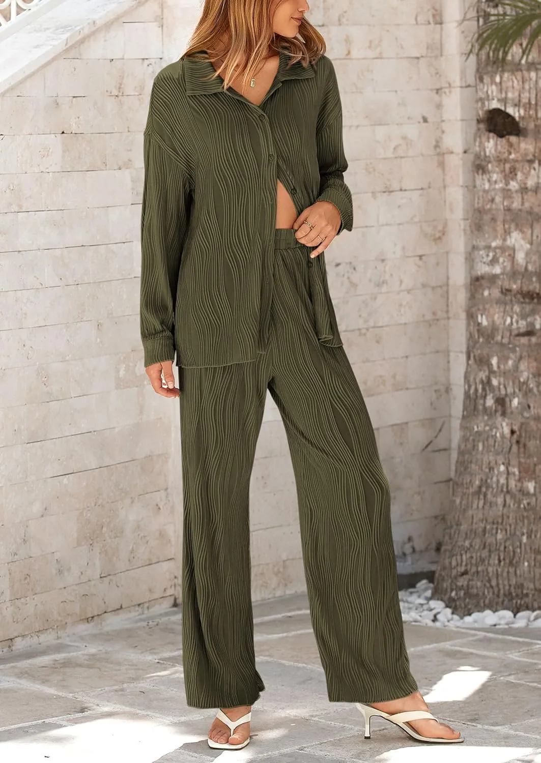 PRETTYGARDEN Women's 2 Piece Textured Sets Casual Button Down Shirt Wide Leg Pants Outfit Loungewear Tracksuit