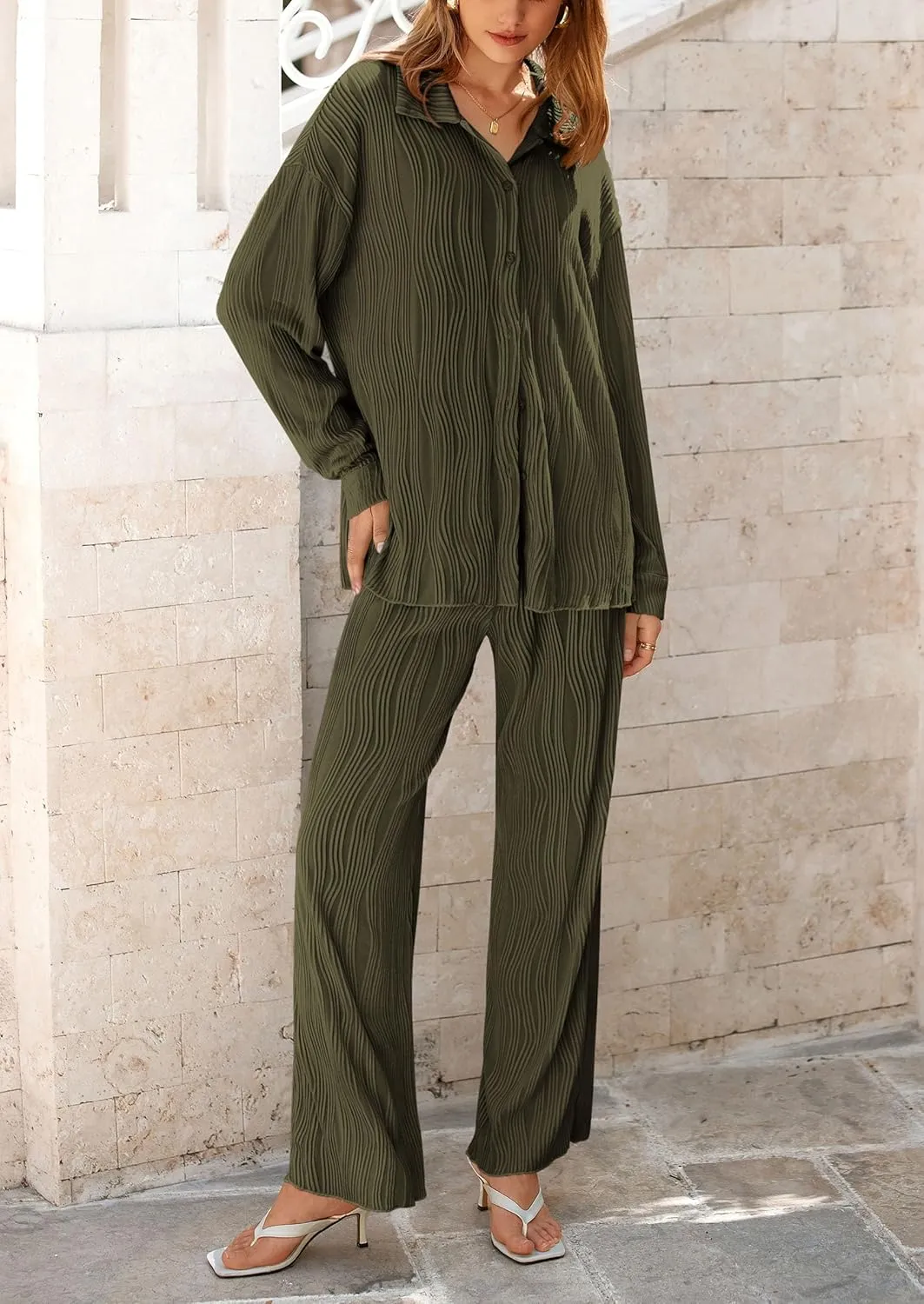 PRETTYGARDEN Women's 2 Piece Textured Sets Casual Button Down Shirt Wide Leg Pants Outfit Loungewear Tracksuit